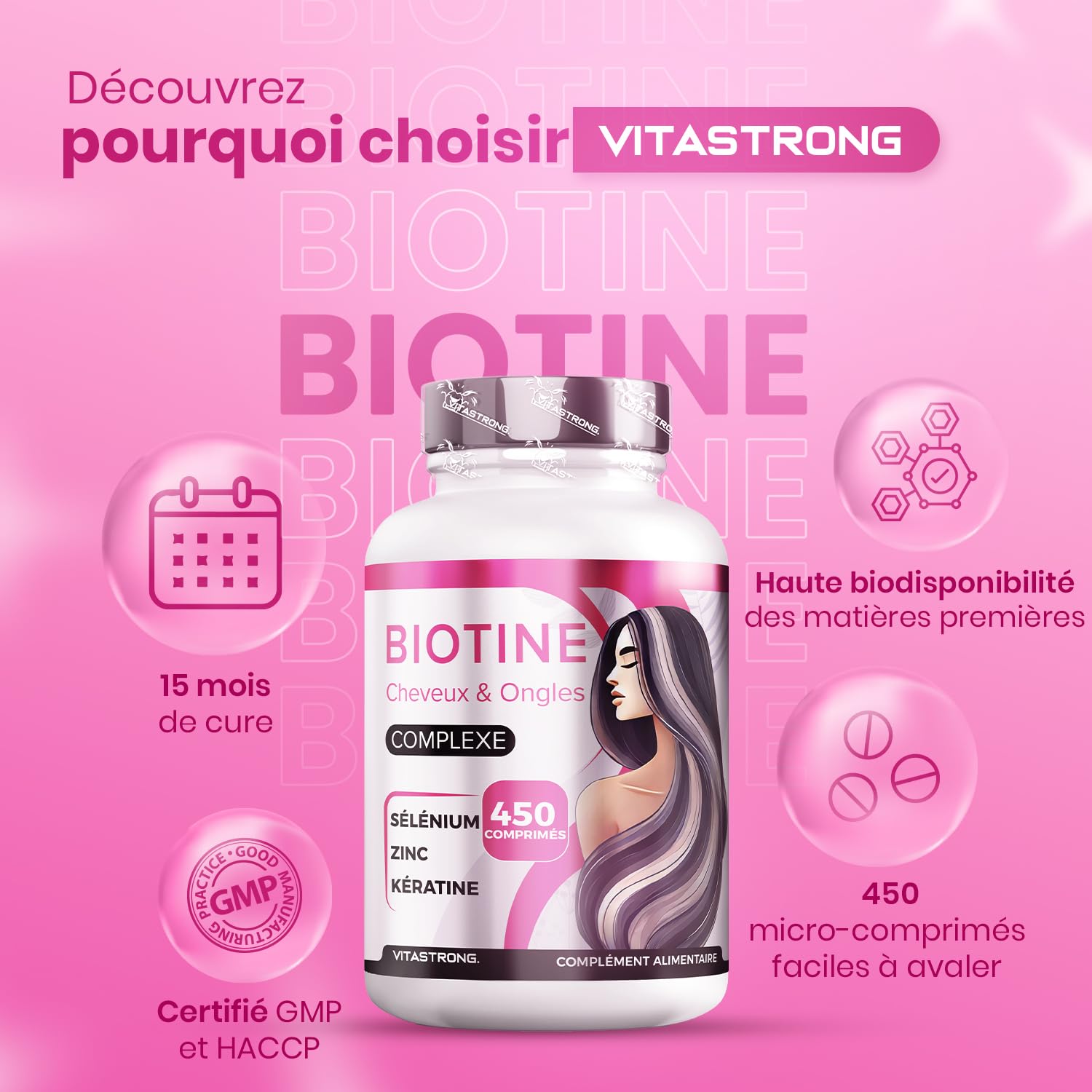 Vitastrong Beauté & Corps Biotine comprimés 450 cpr zinc sélénium