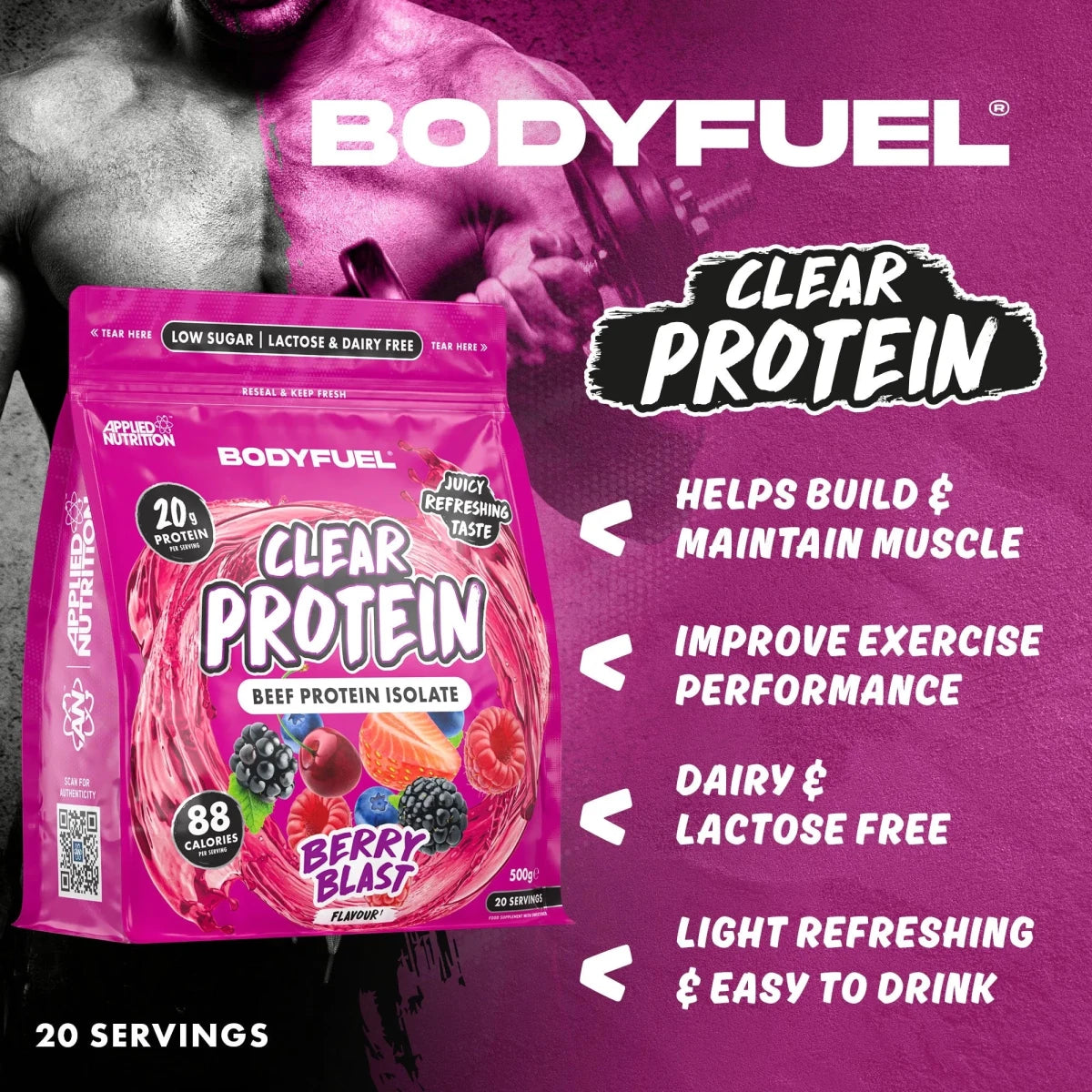 BodyFuel Clear Beef Protein Isolate poudre 500g framboise