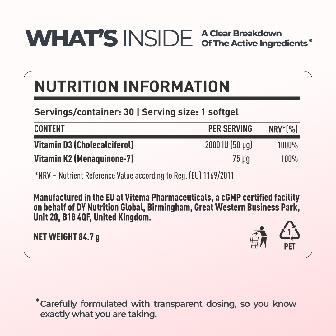 DY Nutrition D3+K2 2000 UI Vitamine 60 gélules os