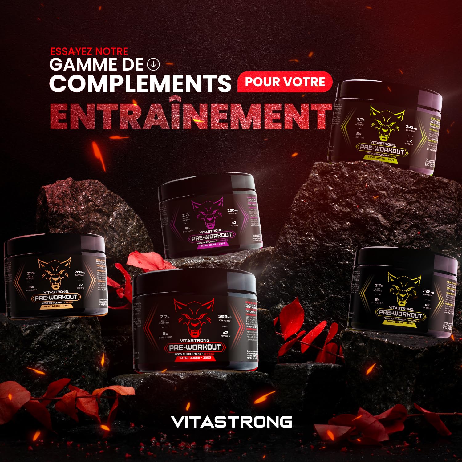 Vitastrong Pre-Workout booster orange caféine 300 g 24 doses