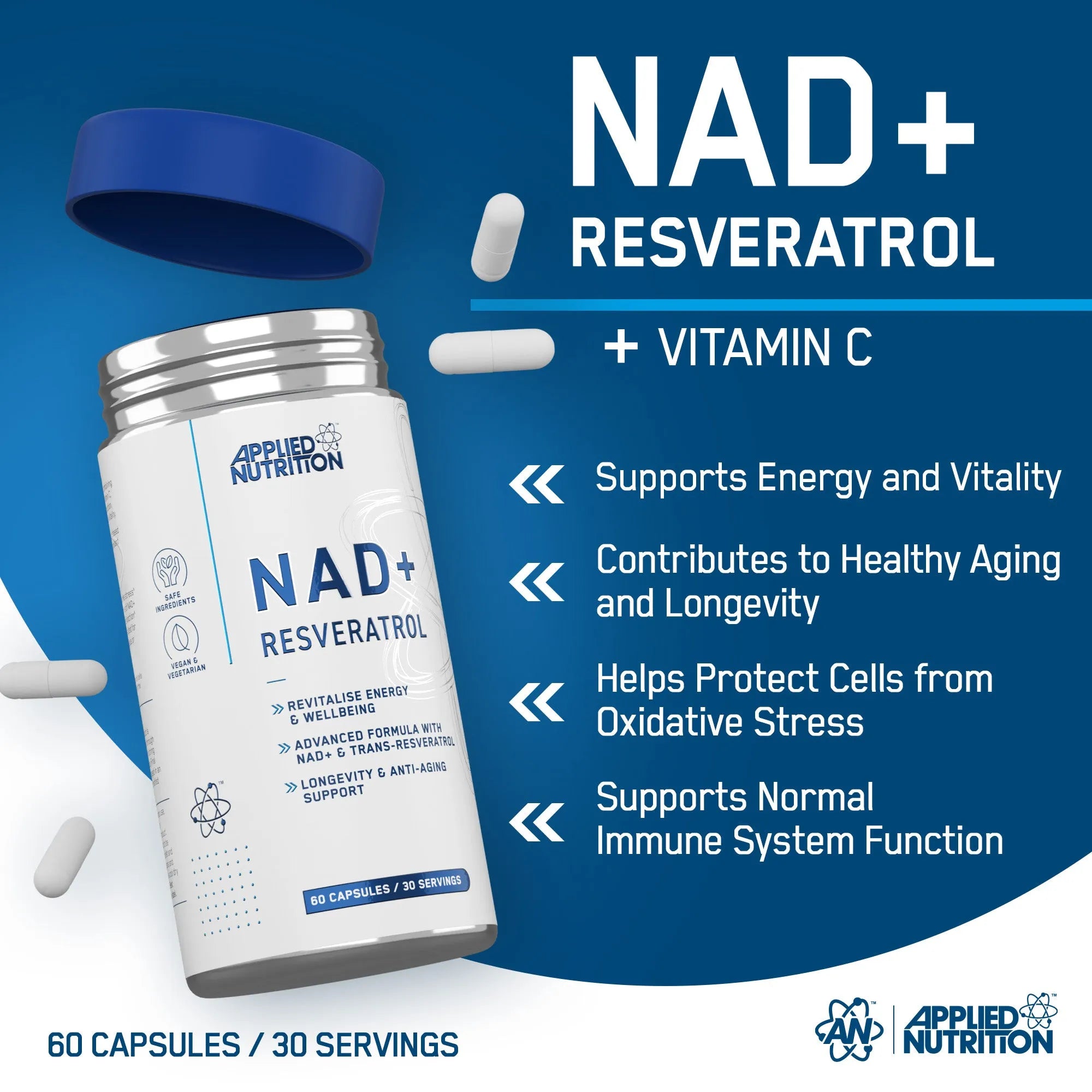Applied Nutrition NAD+ Resveratrol 60 gélules vitamine C énergie