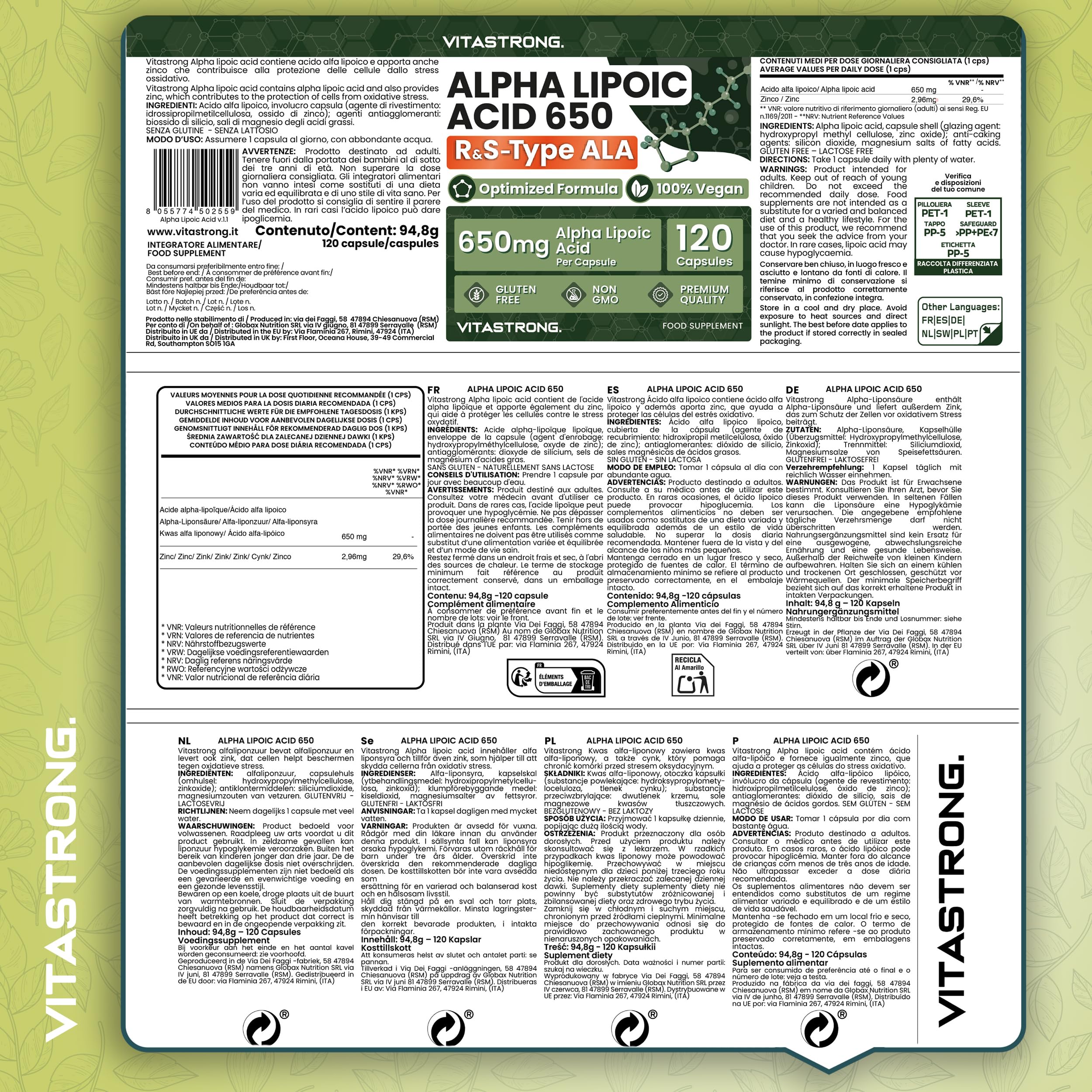Vitastrong Vitalité acide alpha-lipoïque zinc 650mg 120 gélules