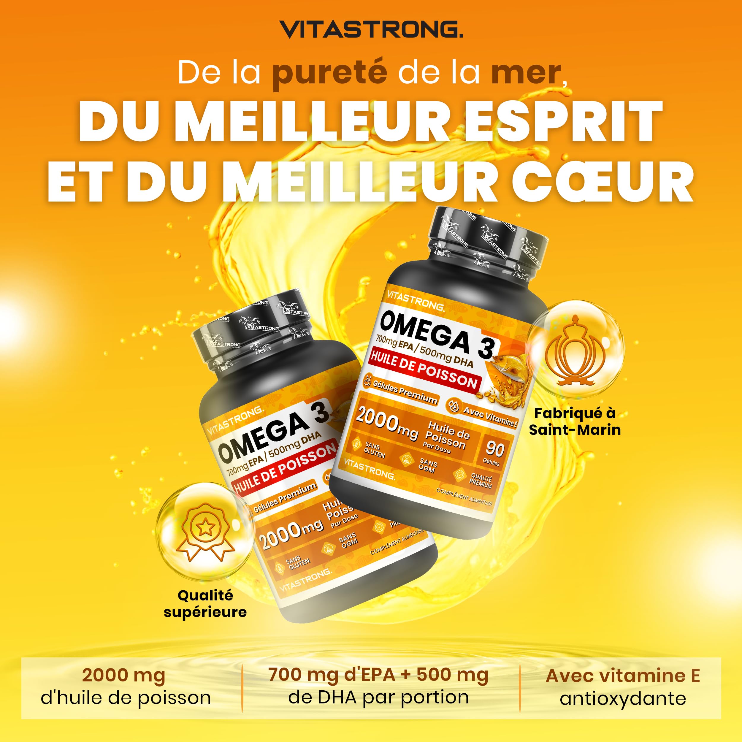 Vitastrong Omega 3 2000 mg gélules EPA DHA 90 cps cœur