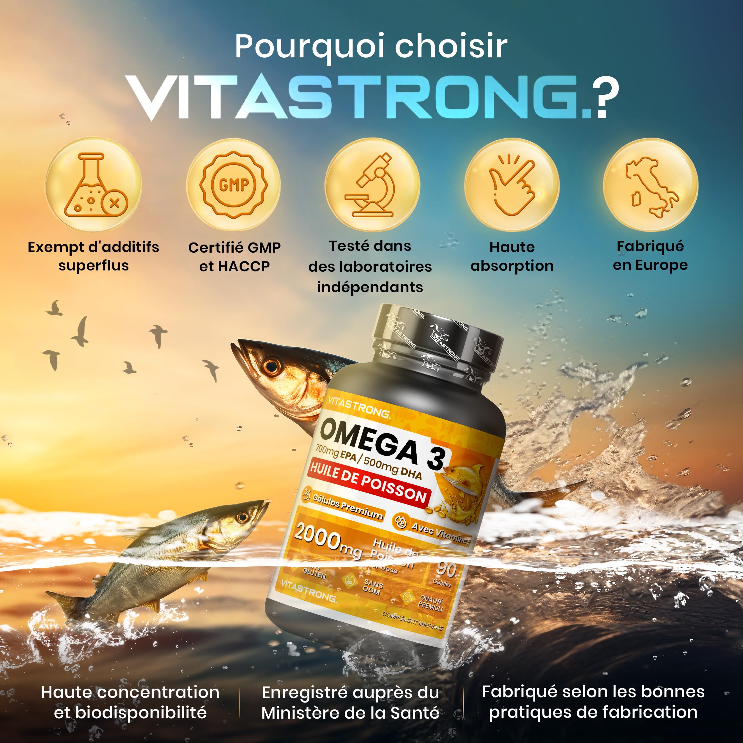 Vitastrong Omega 3 2000 mg gélules EPA DHA 90 cps cœur