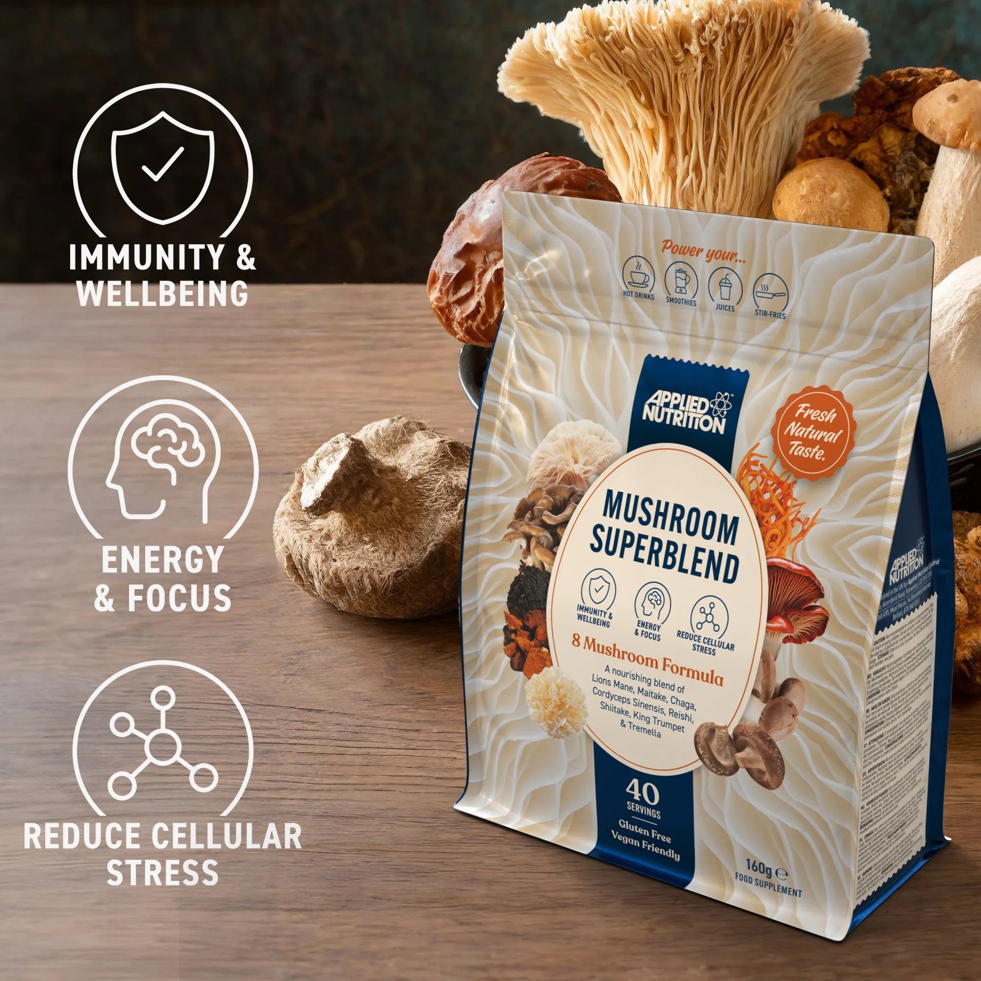 Applied Nutrition Mushroom Superblend poudre champignons 160g 8 champignons