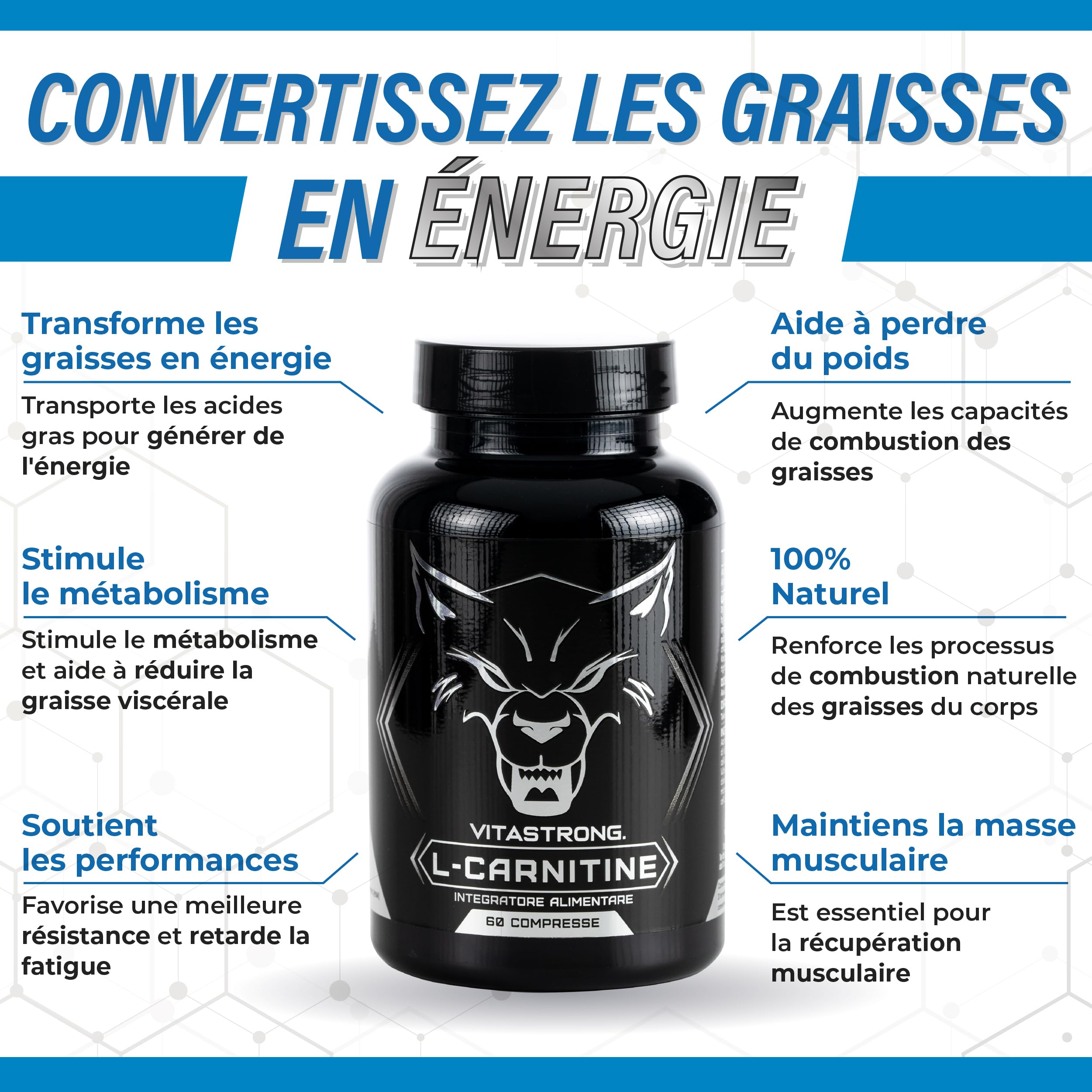 Vitastrong Acetyl L-Carnitine 1000 mg comprimés 60 cpr énergie