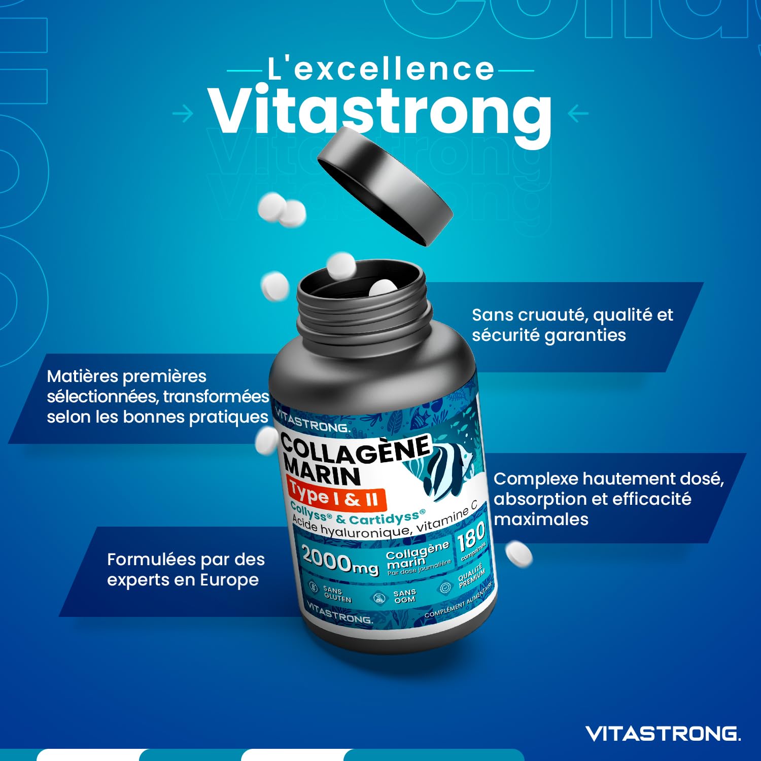 Vitastrong Collagène Marin acide hyaluronique 180 comprimés