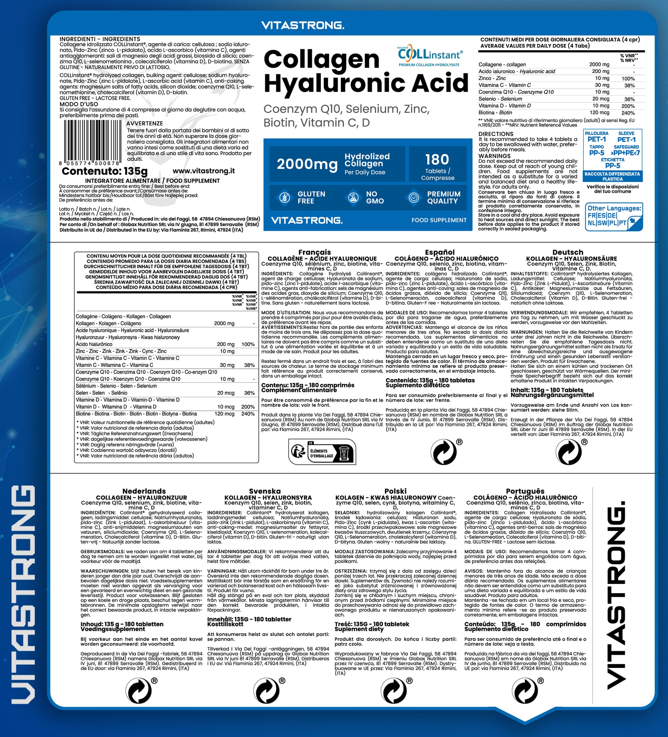Vitastrong Beauté collagène comprimés 180 acide hyaluronique