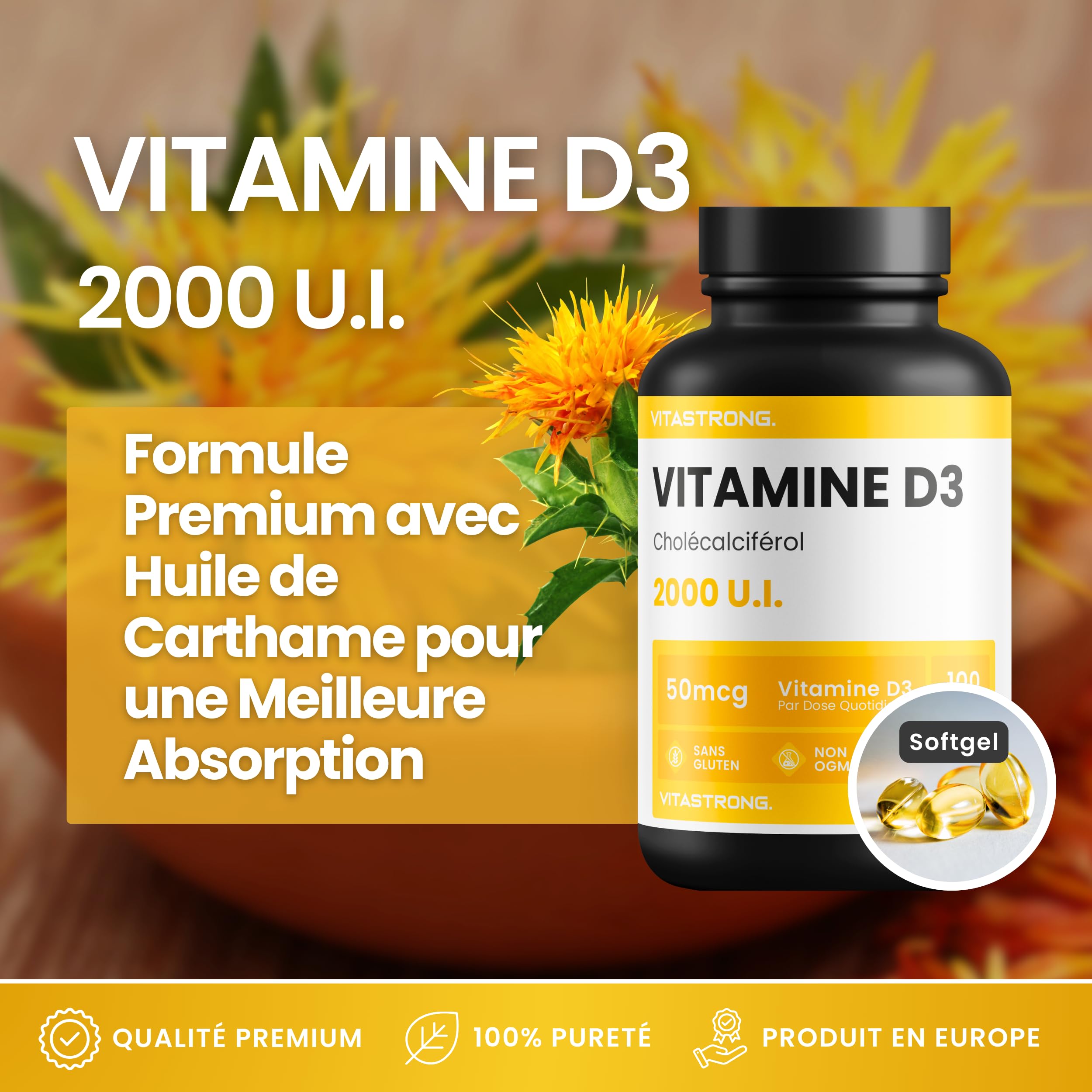 Vitastrong Vitamine D3 2000 UI softgels immunité