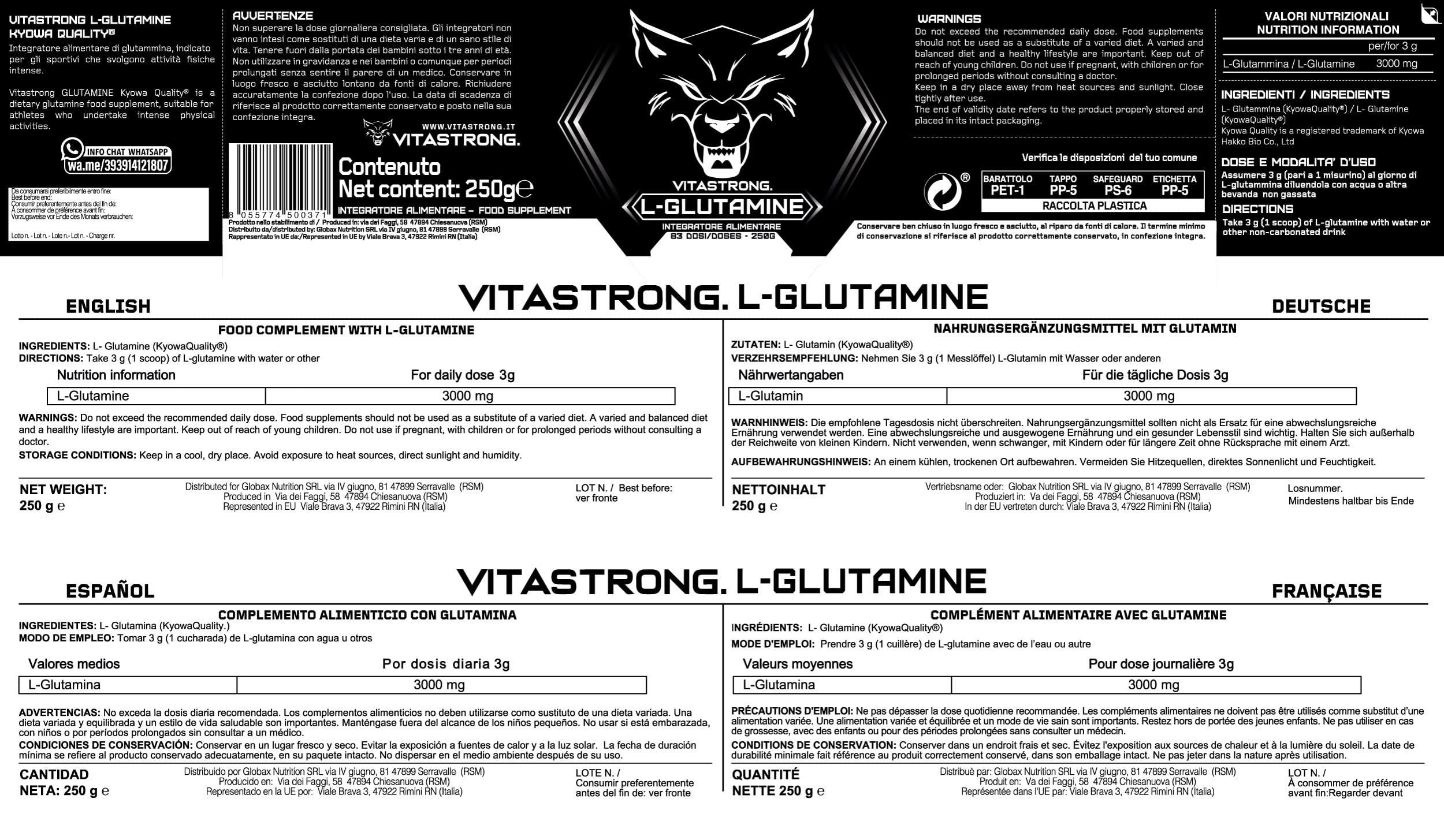 Vitastrong Acides aminés L-Glutamine poudre 250 g Kyowa