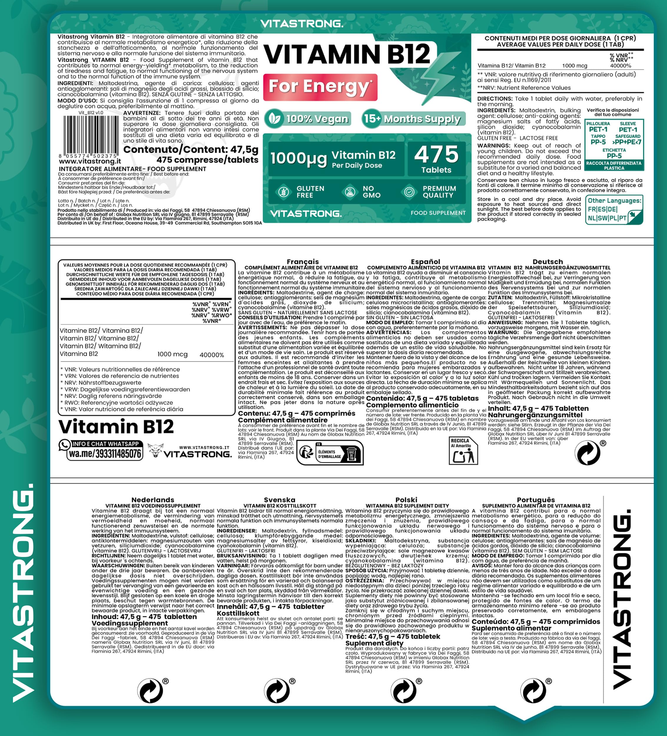 Vitastrong Vitamine B12 1000 mcg comprimés 475 cpr vegan