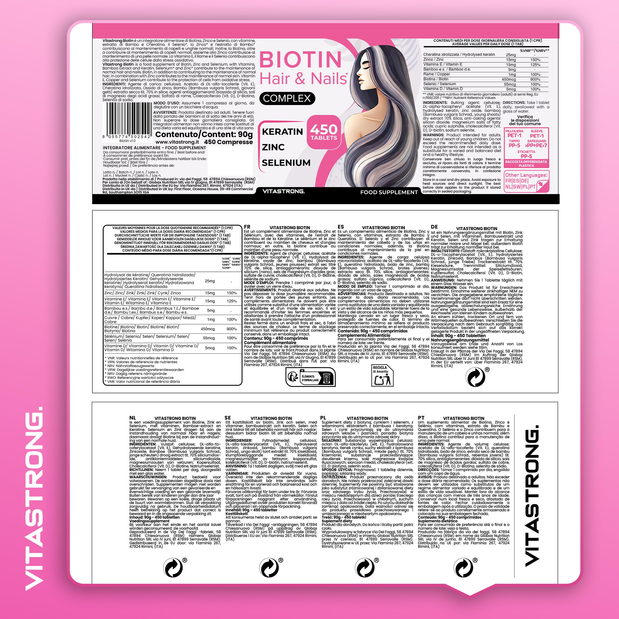 Vitastrong Beauté & Corps Biotine comprimés 450 cpr zinc sélénium
