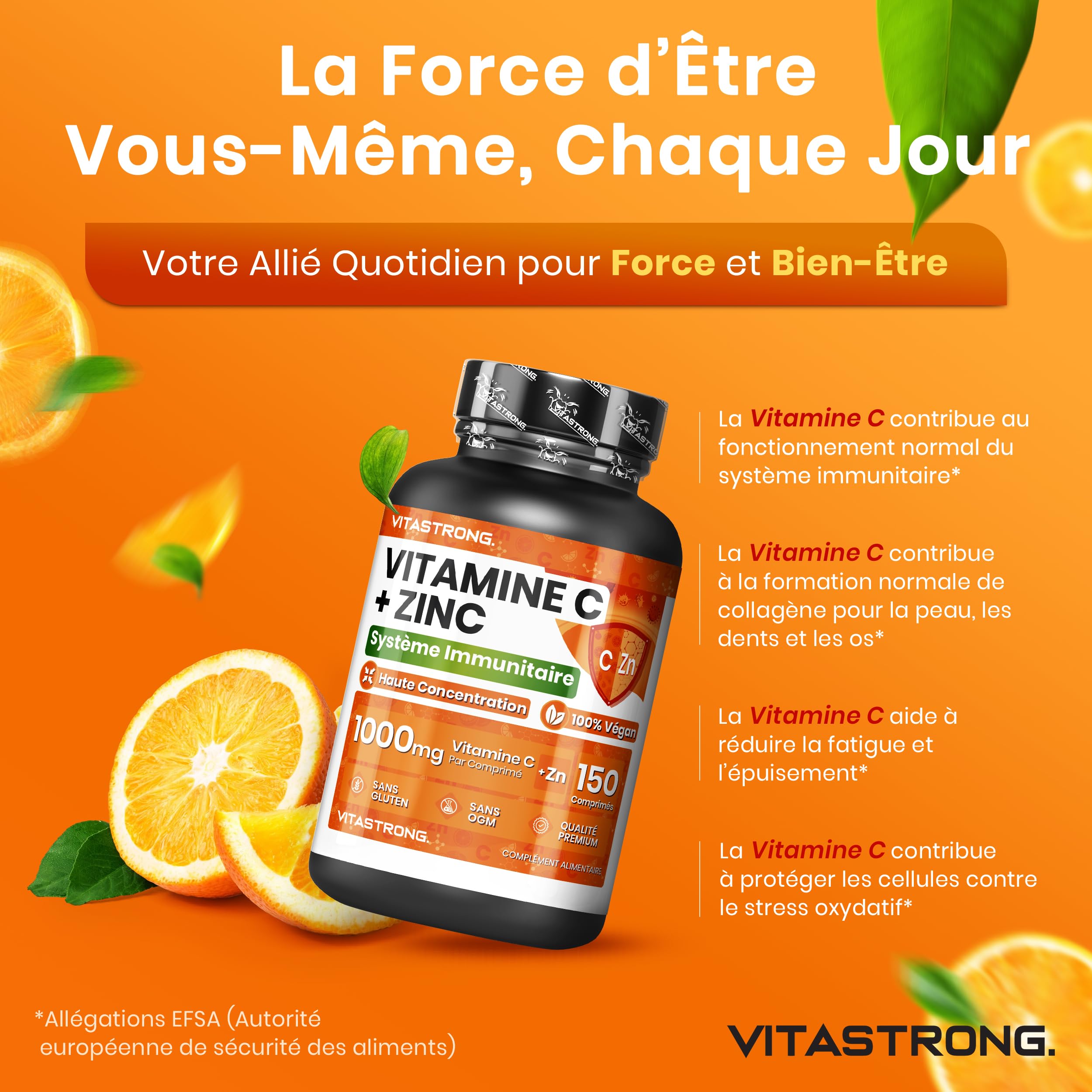 Vitastrong Vitamine C 1000 mg Zinc comprimés vegan immunité