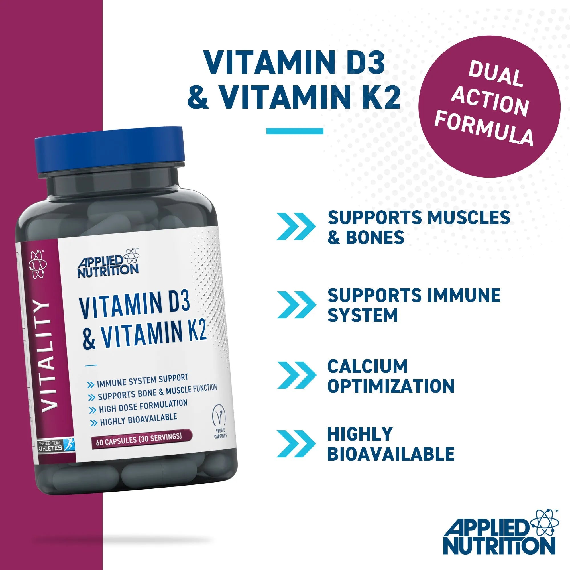 Applied Nutrition Vitality vitamine D3 K2 60 gélules