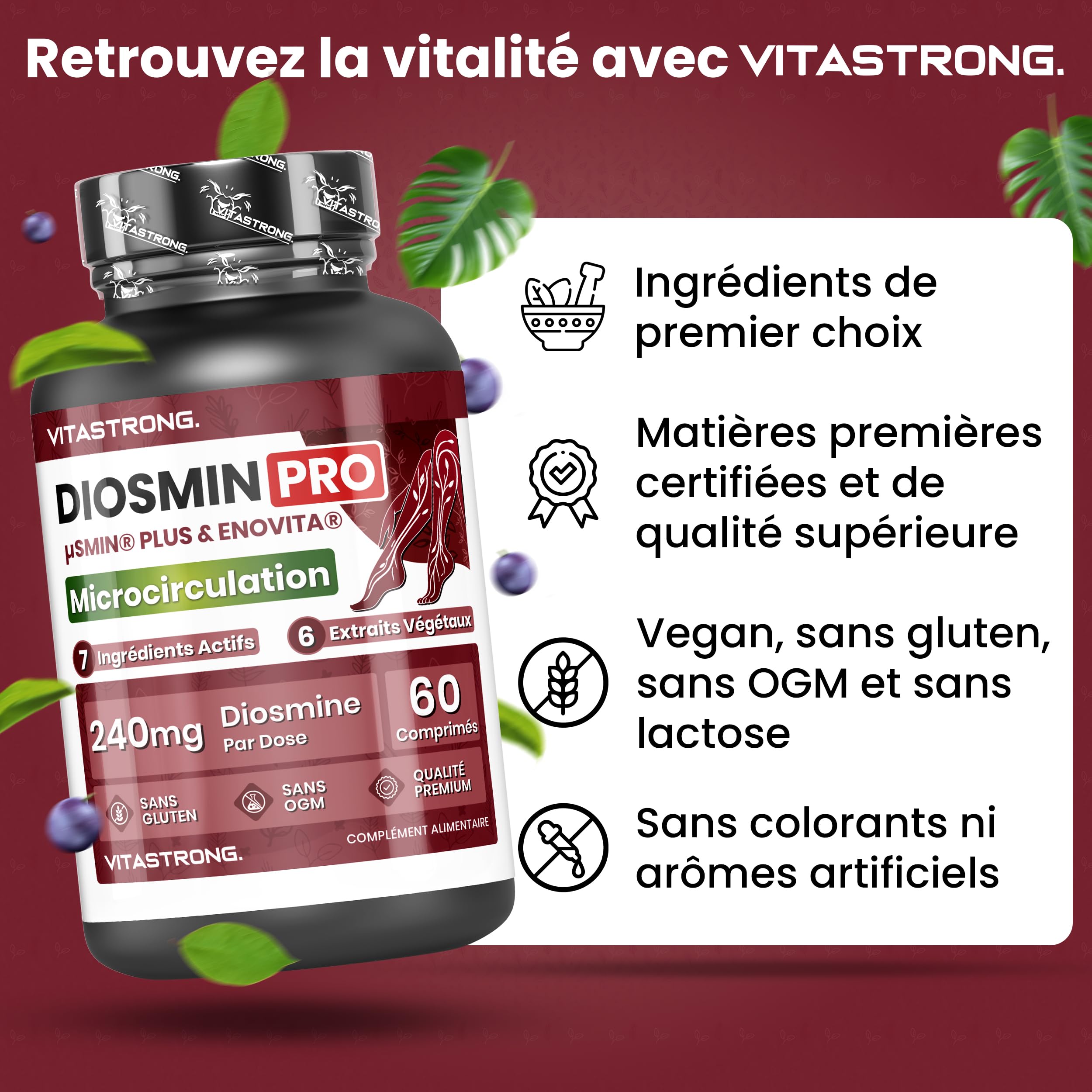 Vitastrong Diosmin PRO Diosmine Micronisée Vegan 60 Comprimés jambes