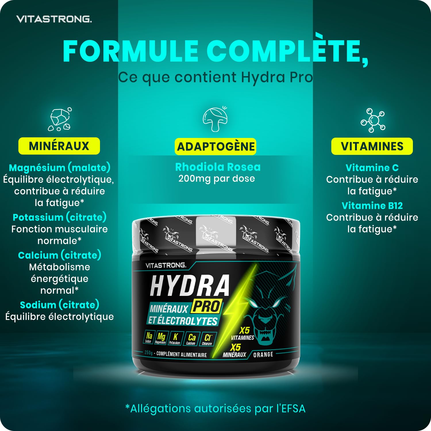 Vitastrong Hydra Pro Électrolytes en Poudre Orange 250g 5 Minéraux