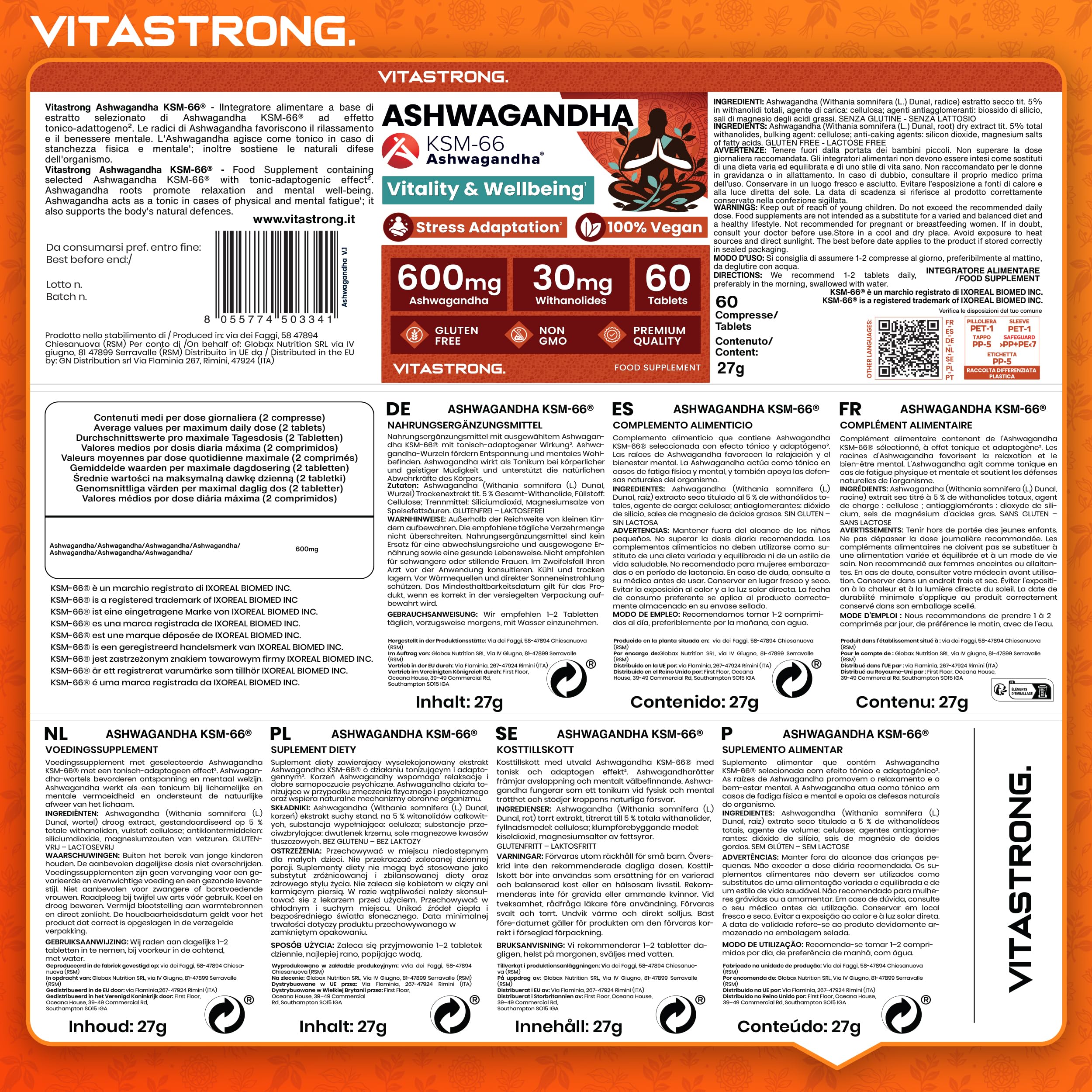 Vitastrong Vitalité Ashwagandha KSM-66 600mg 60 Comprimés Vegan