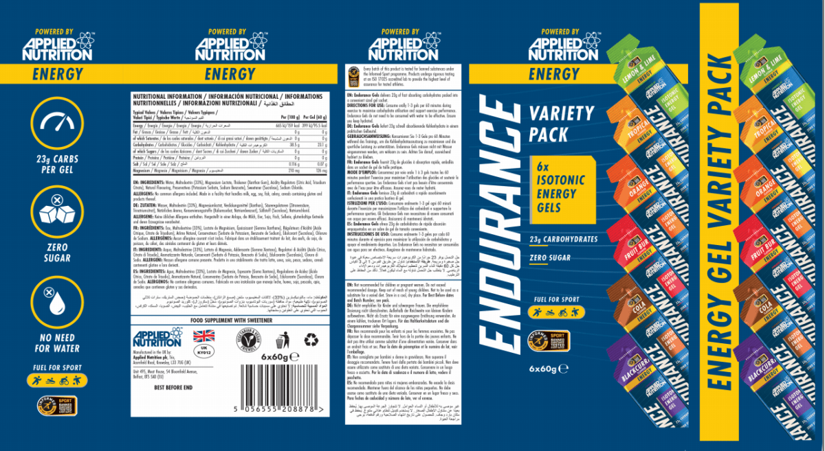 Applied Nutrition Endurance Gels isotoniques 6x23g glucides