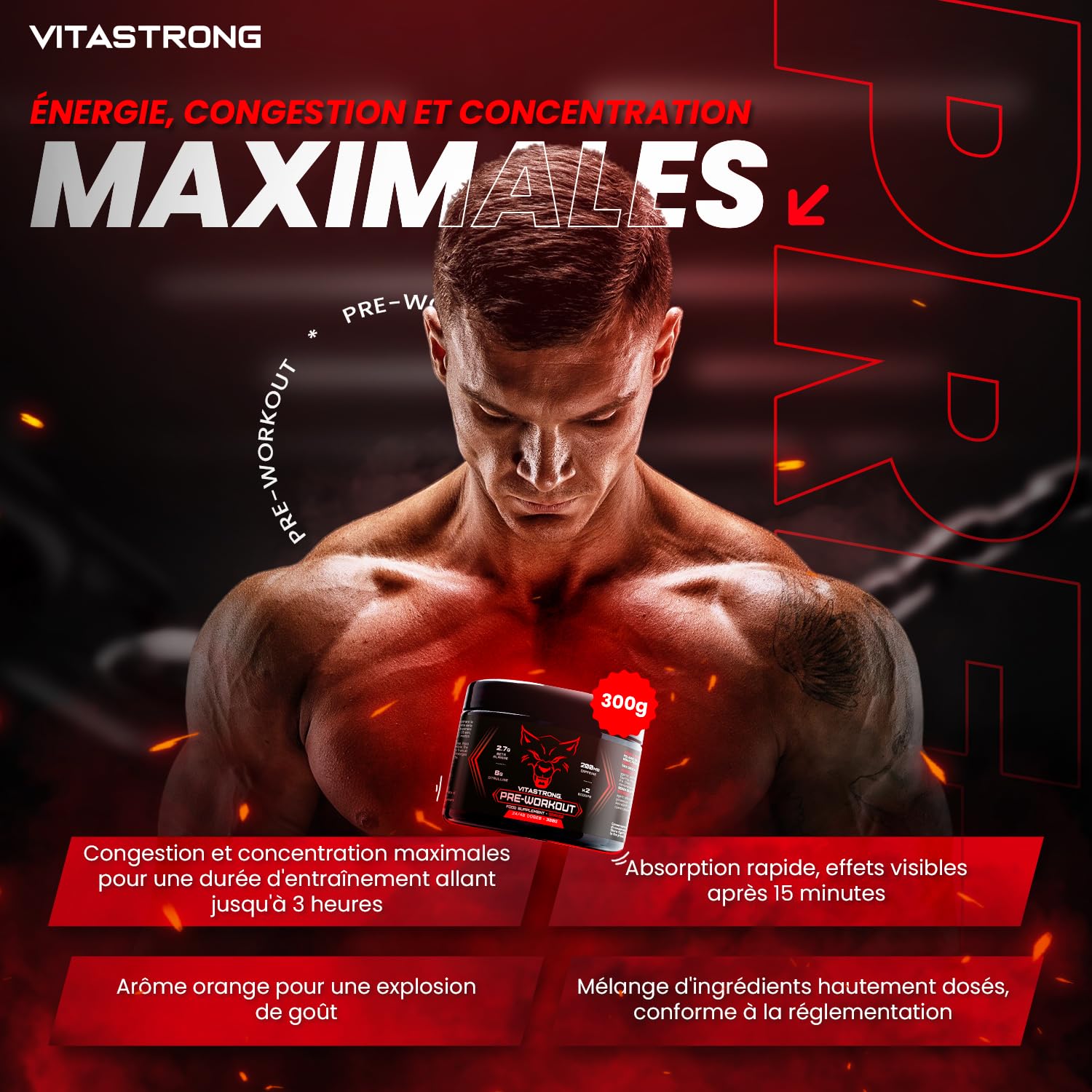 Vitastrong Pre-Workout booster orange caféine 300 g 24 doses