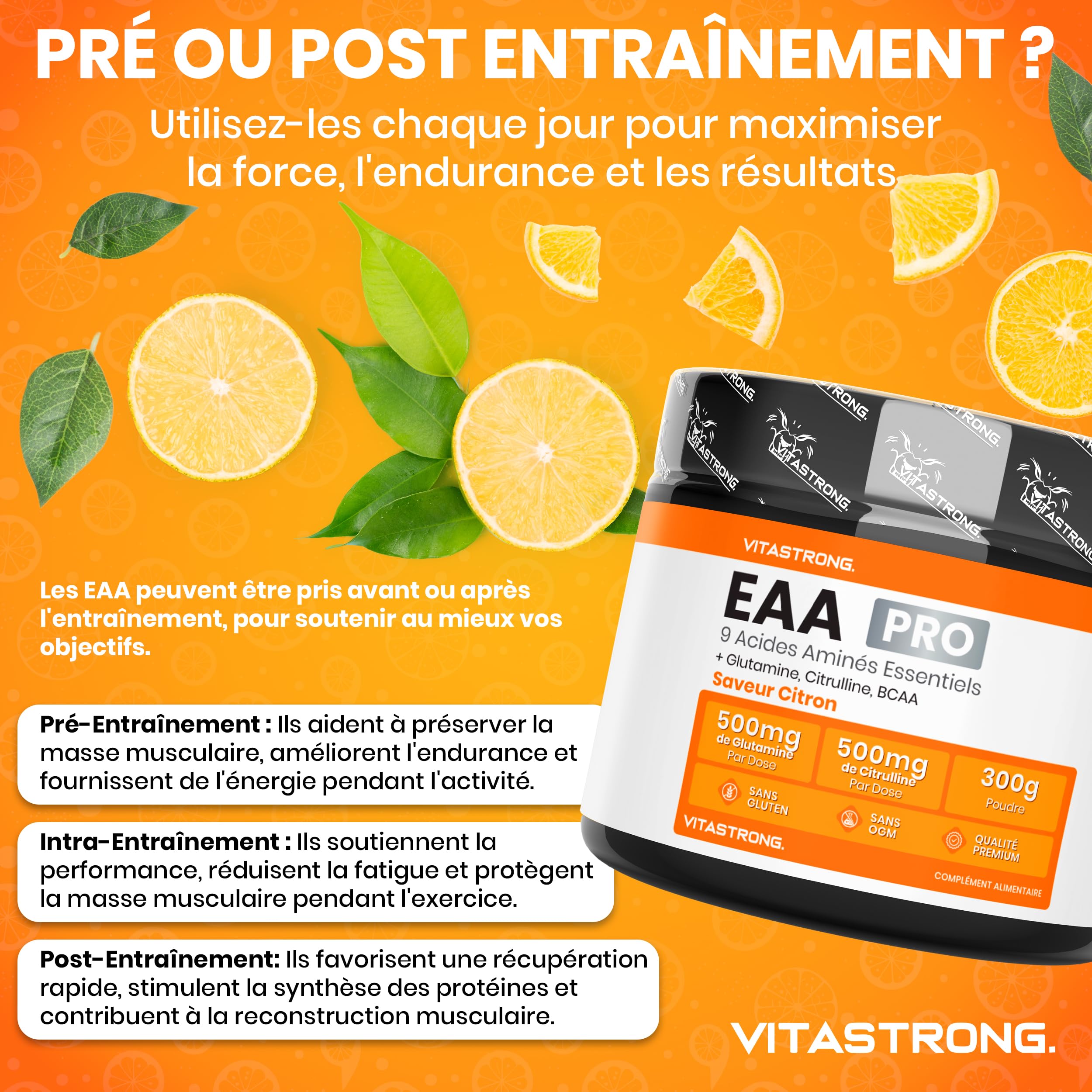 Vitastrong EAA PRO 9 Acides Aminés Poudre Citron 300g énergie