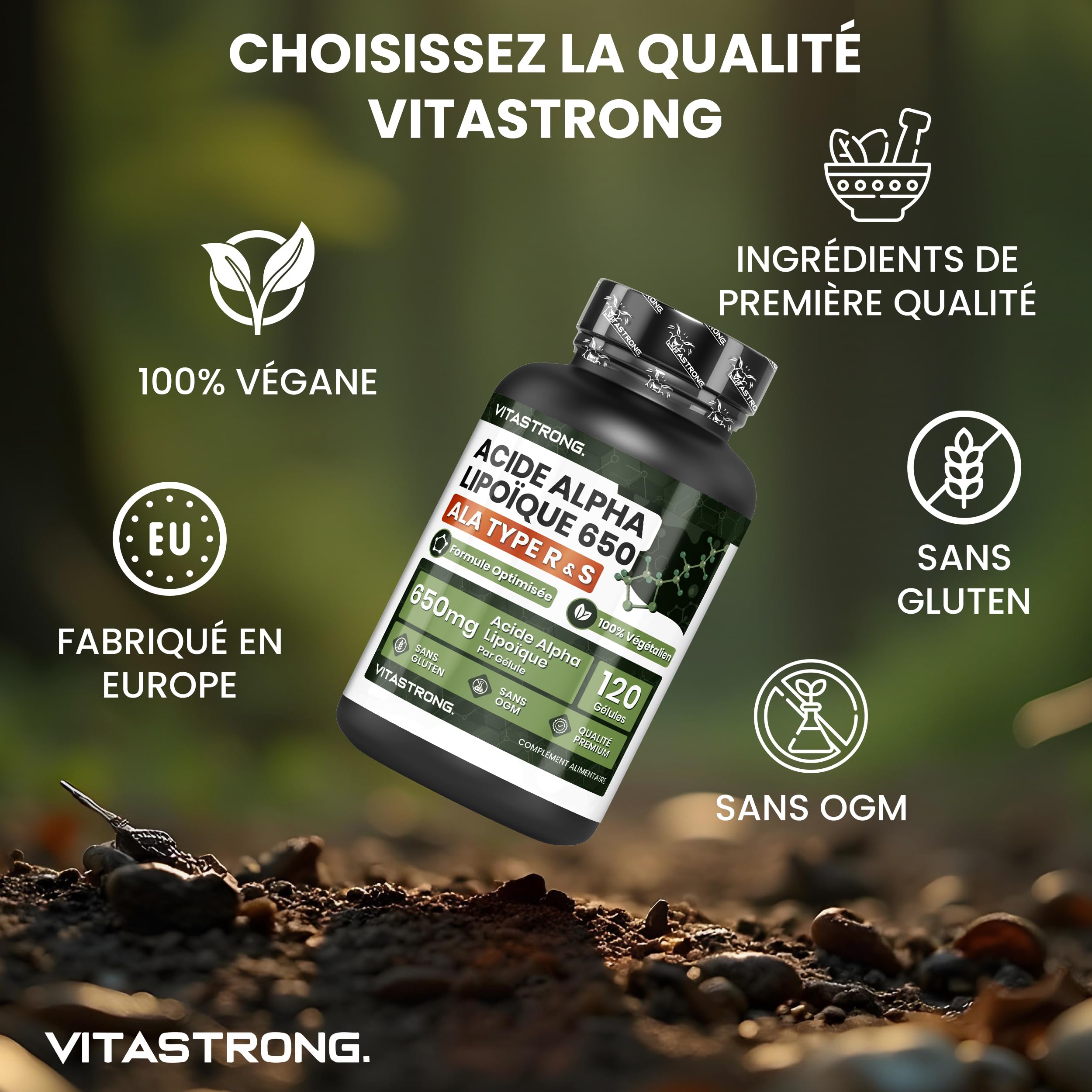 Vitastrong Vitalité acide alpha-lipoïque zinc 650mg 120 gélules