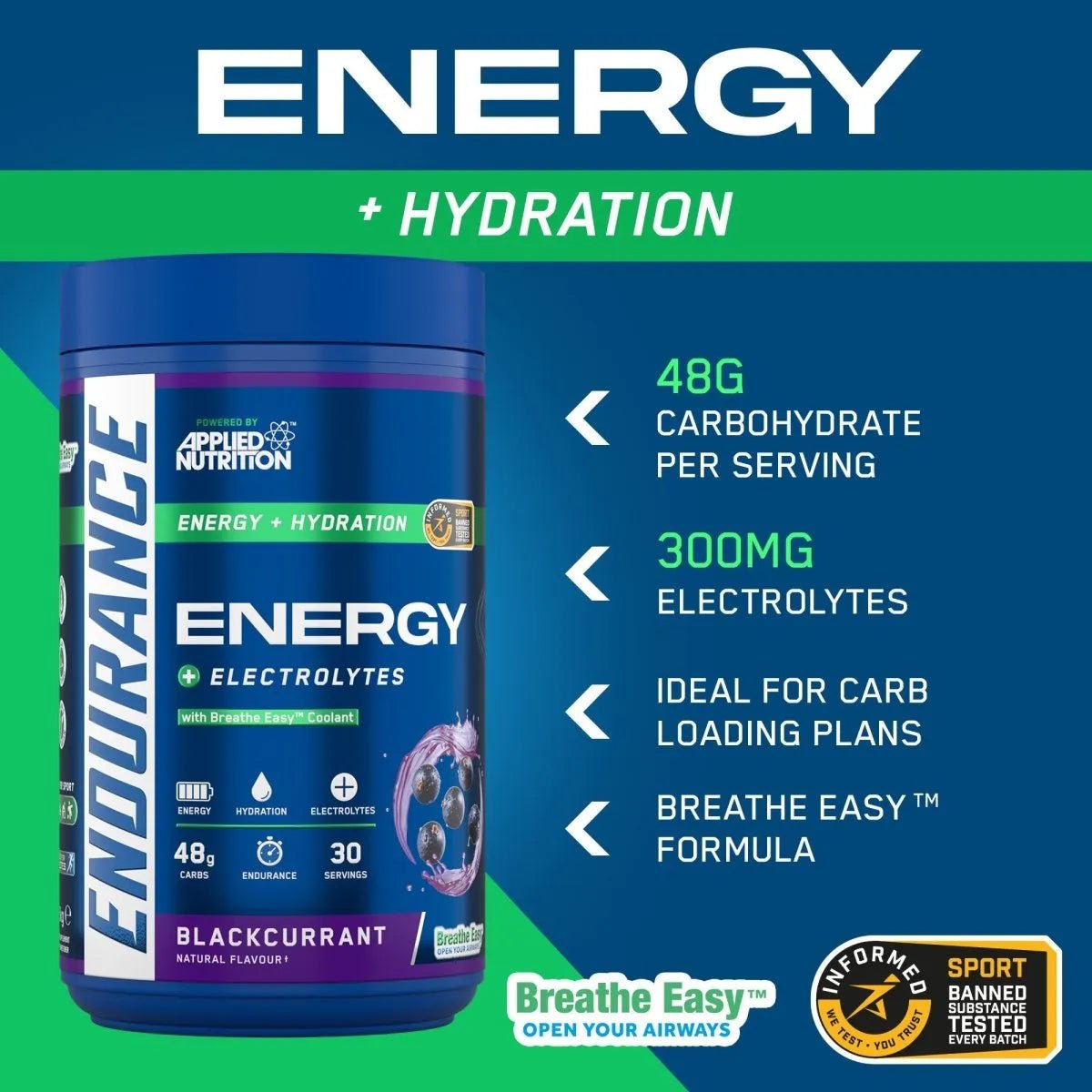 Applied Nutrition Endurance Breathe poudre énergie cassis 500g