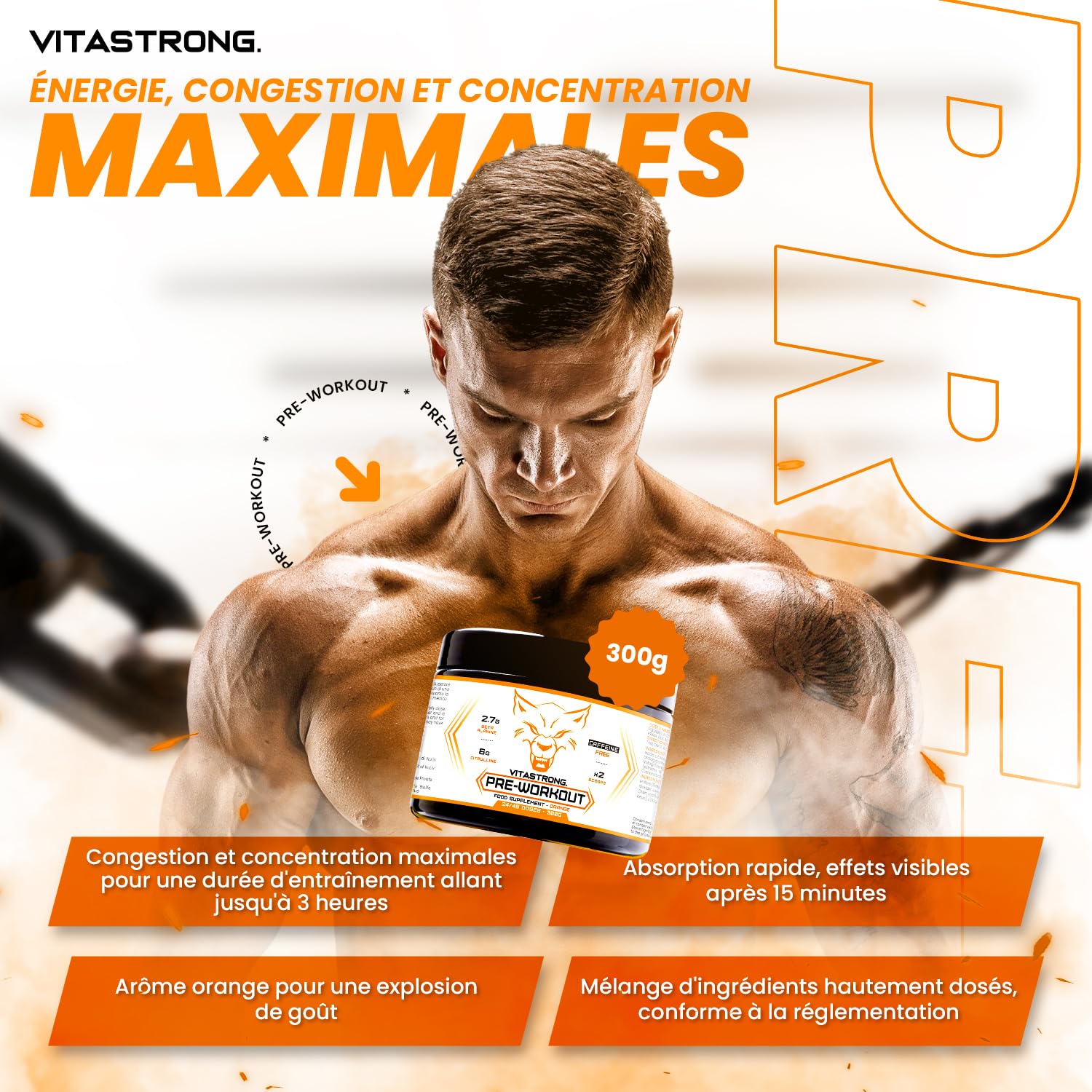 Vitastrong Pre Workout Sans Caféine Poudre Orange 300g 24 Doses